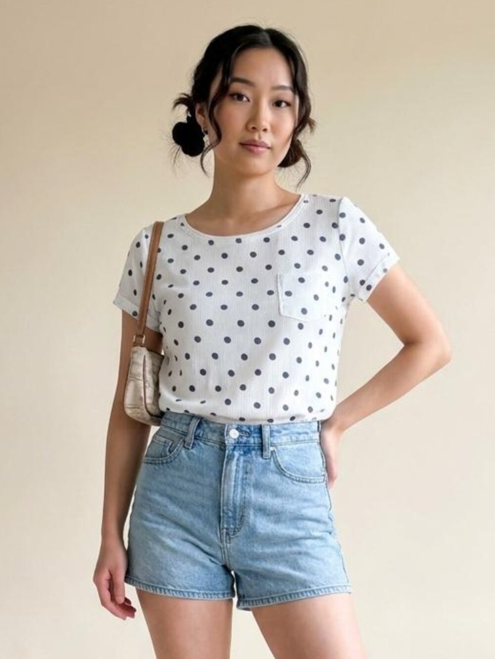 Hollister Polka Dot Blouse with Lace Hem and Bow Detail
